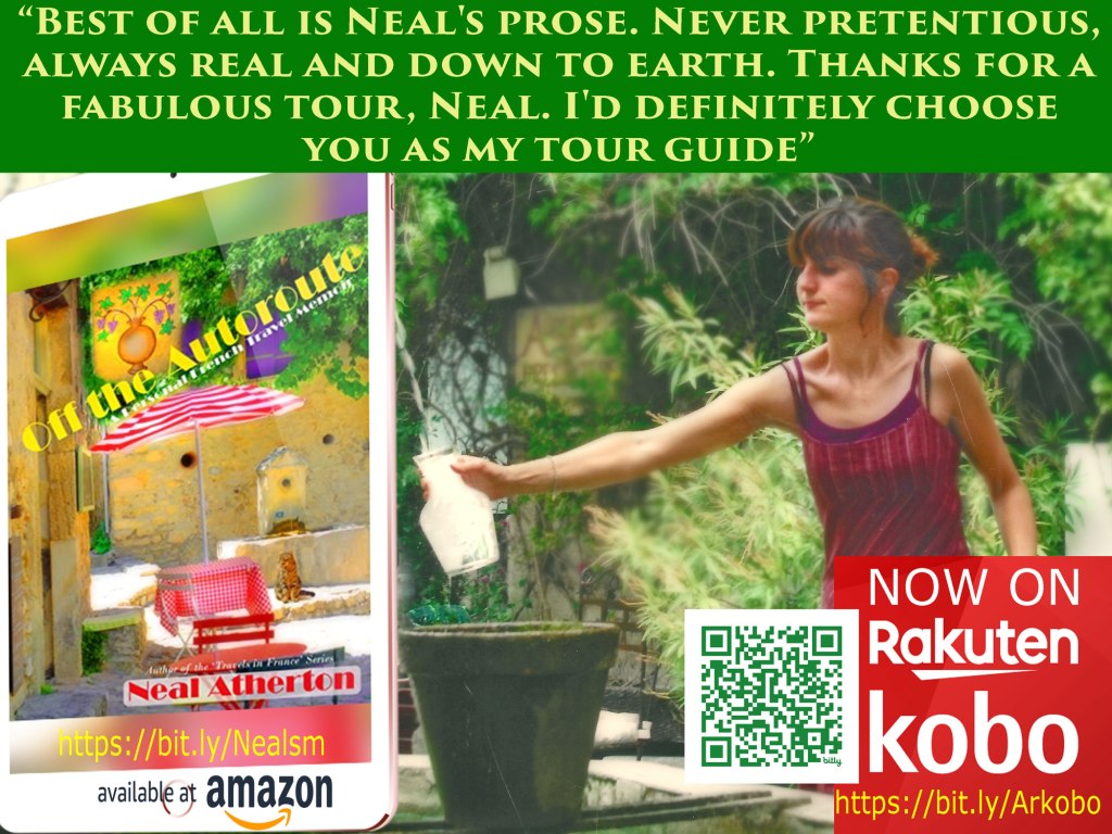 Young waitress collecting water in a glass jug by a fountain in Saignon Provence with the French travel book Off the Autoroute showing to be on Kobo and Amazon